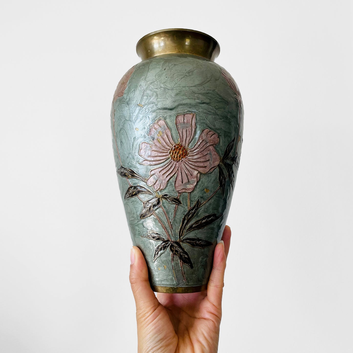 Hand-Painted Green Pink Floral Cloisonne Brass Vase