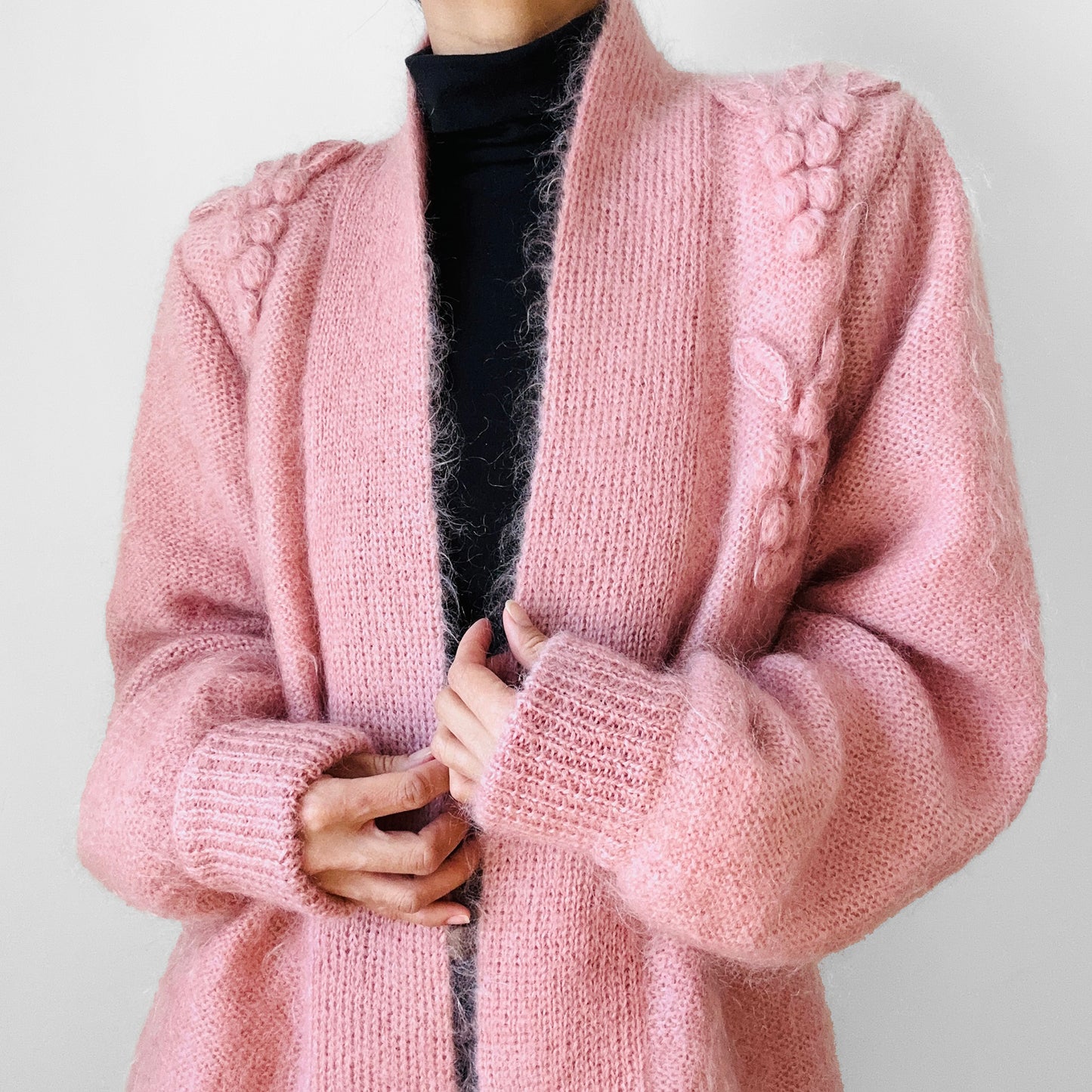 1980s Dusty Rose Pink Embellished Mohair Wool Lined Knit Open Cardigan