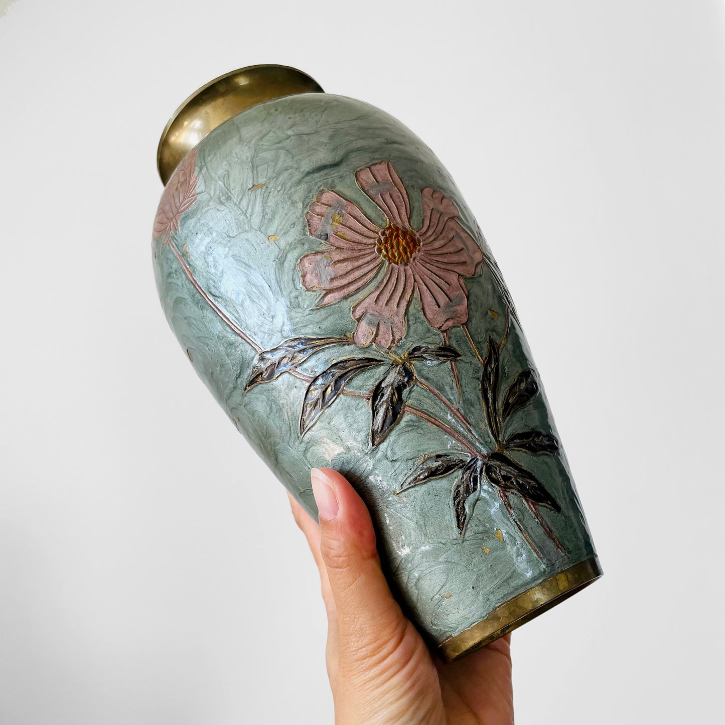 Hand-Painted Green Pink Floral Cloisonne Brass Vase