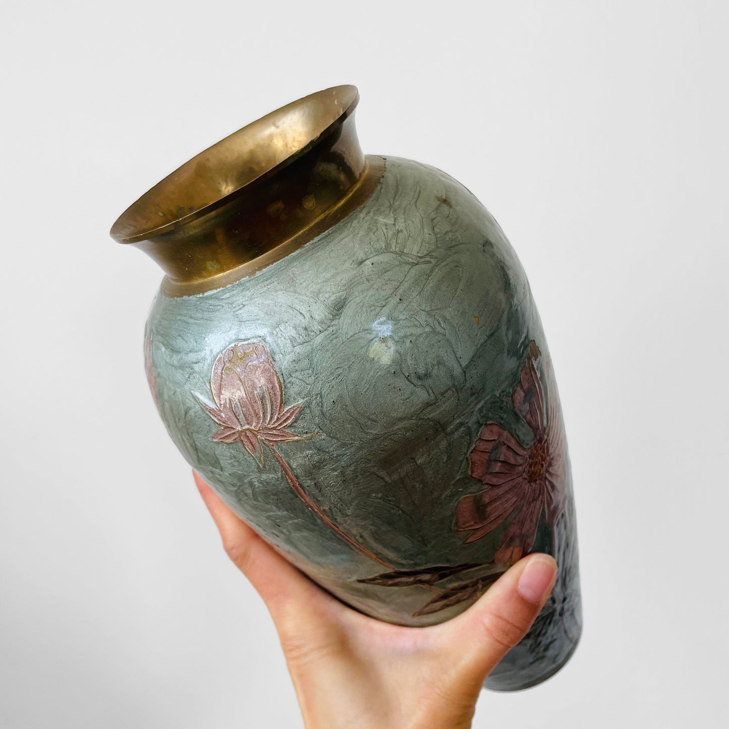 Hand-Painted Green Pink Floral Cloisonne Brass Vase