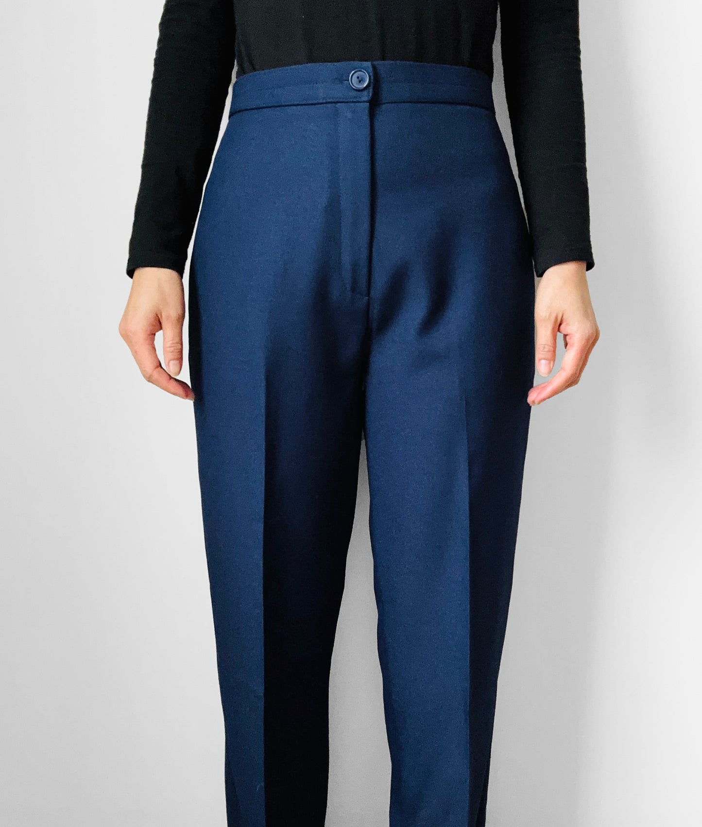 1970s Made in Canada High-Waisted Navy Blue Polyester Fitted Tapered-Leg Pants - Waist 28