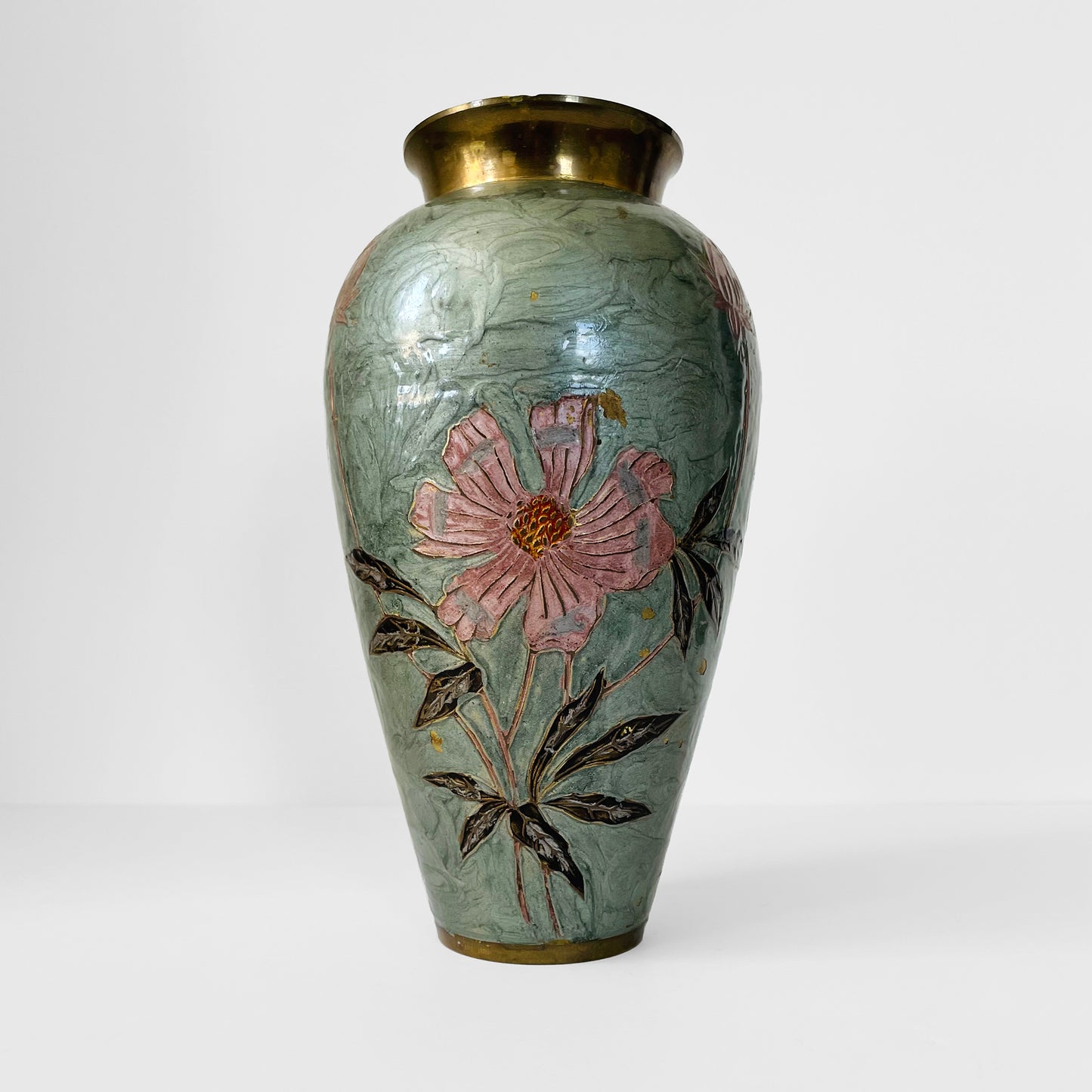 Hand-Painted Green Pink Floral Cloisonne Brass Vase