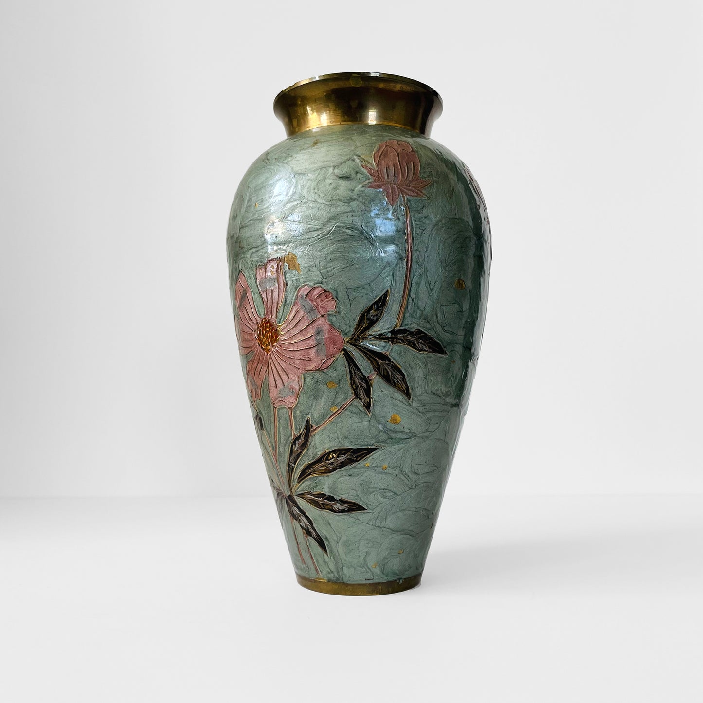 Hand-Painted Green Pink Floral Cloisonne Brass Vase