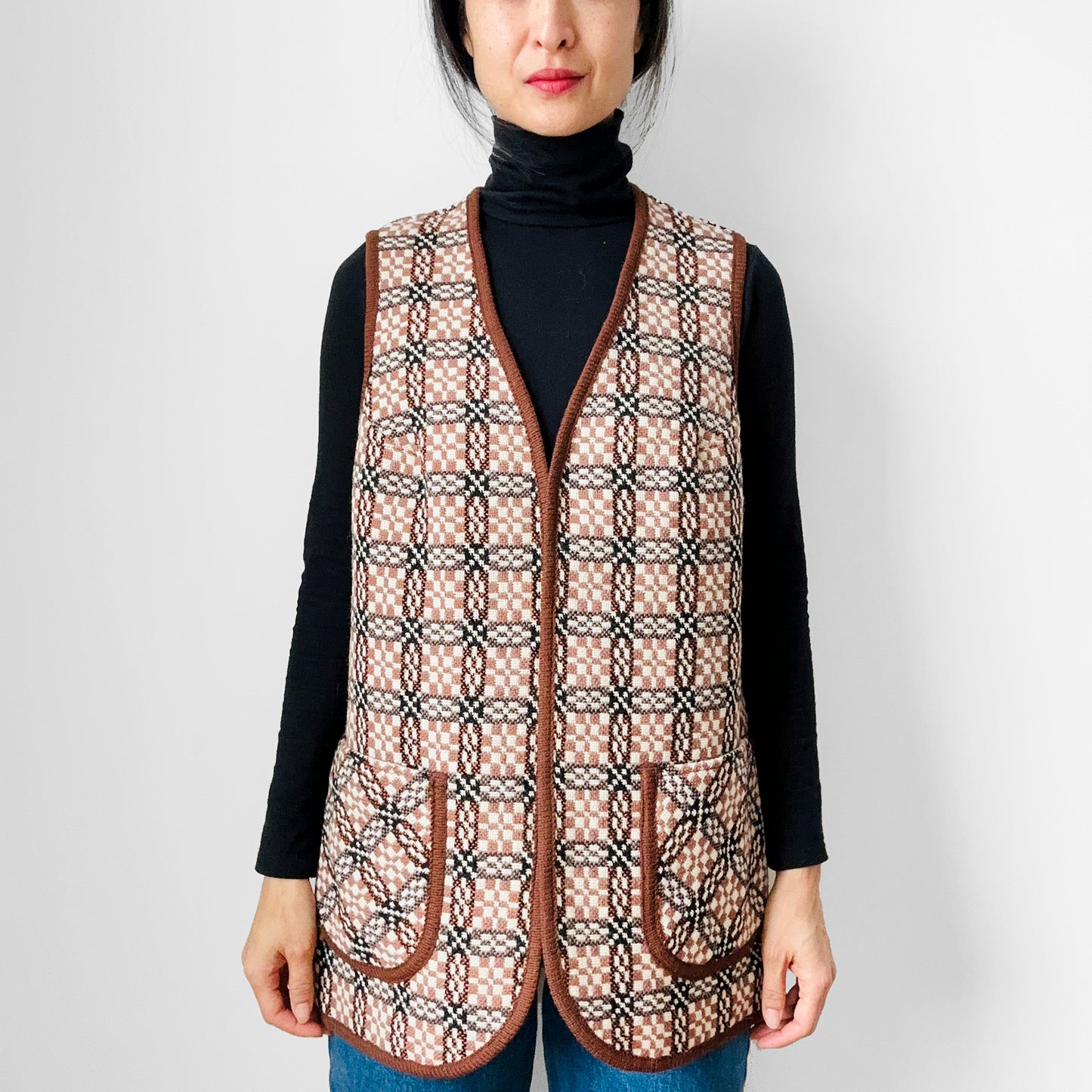 1970s Patterned Woven Welsh Wool Open-Front Vest - S/M