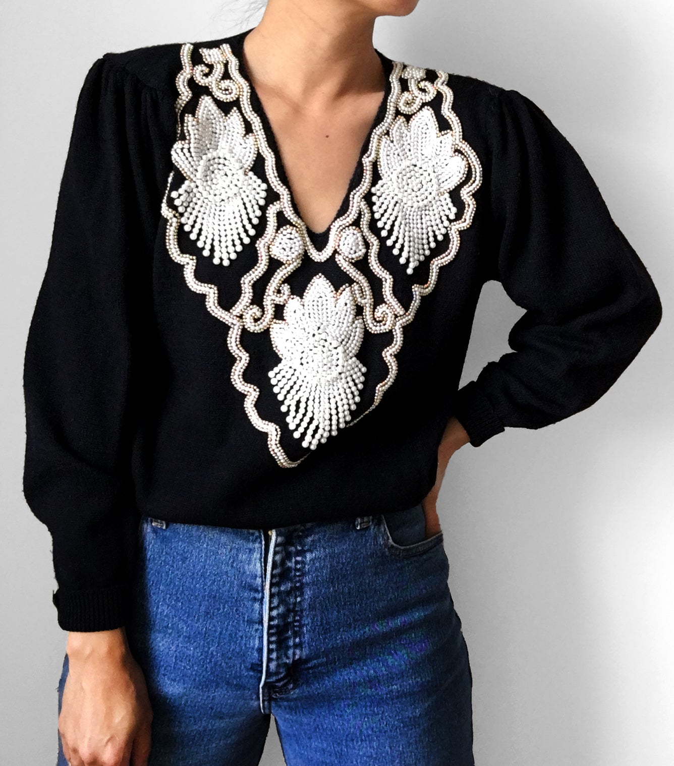 1980s Beaded Collar Pleated-Shoulder Knit Sweater Top