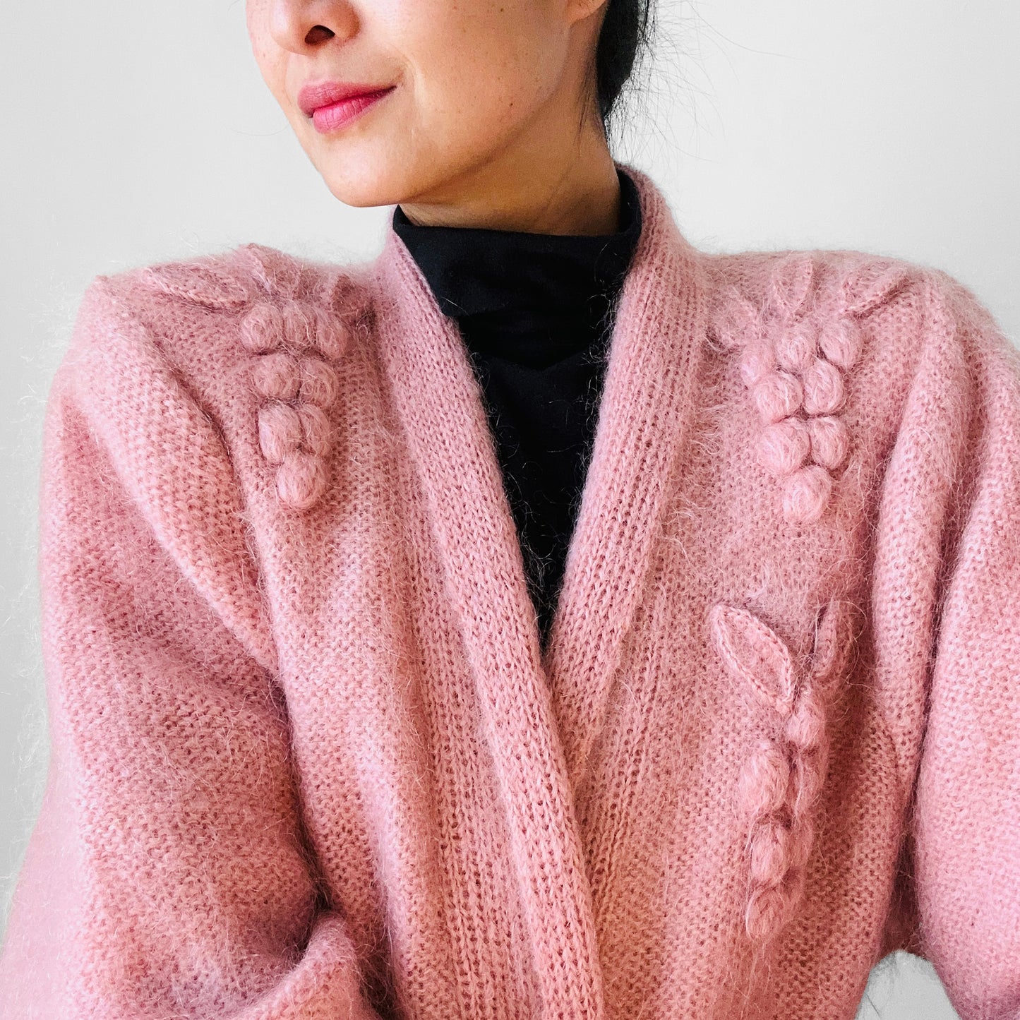 1980s Dusty Rose Pink Embellished Mohair Wool Lined Knit Open Cardigan