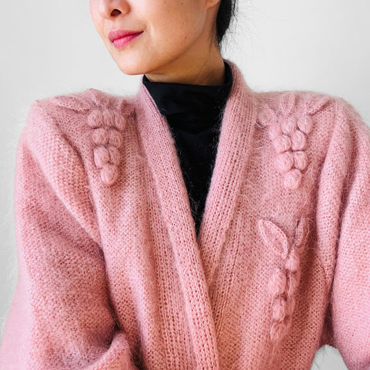 1980s Dusty Rose Pink Embellished Mohair Wool Lined Knit Open Cardigan