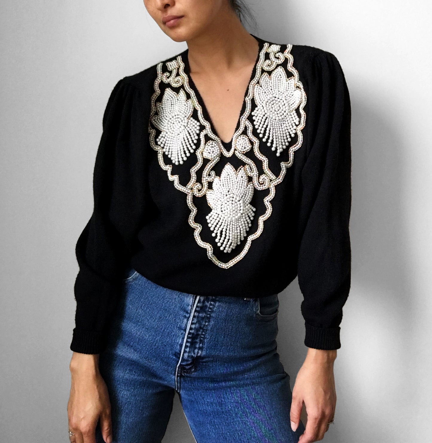 1980s Beaded Collar Pleated-Shoulder Knit Sweater Top