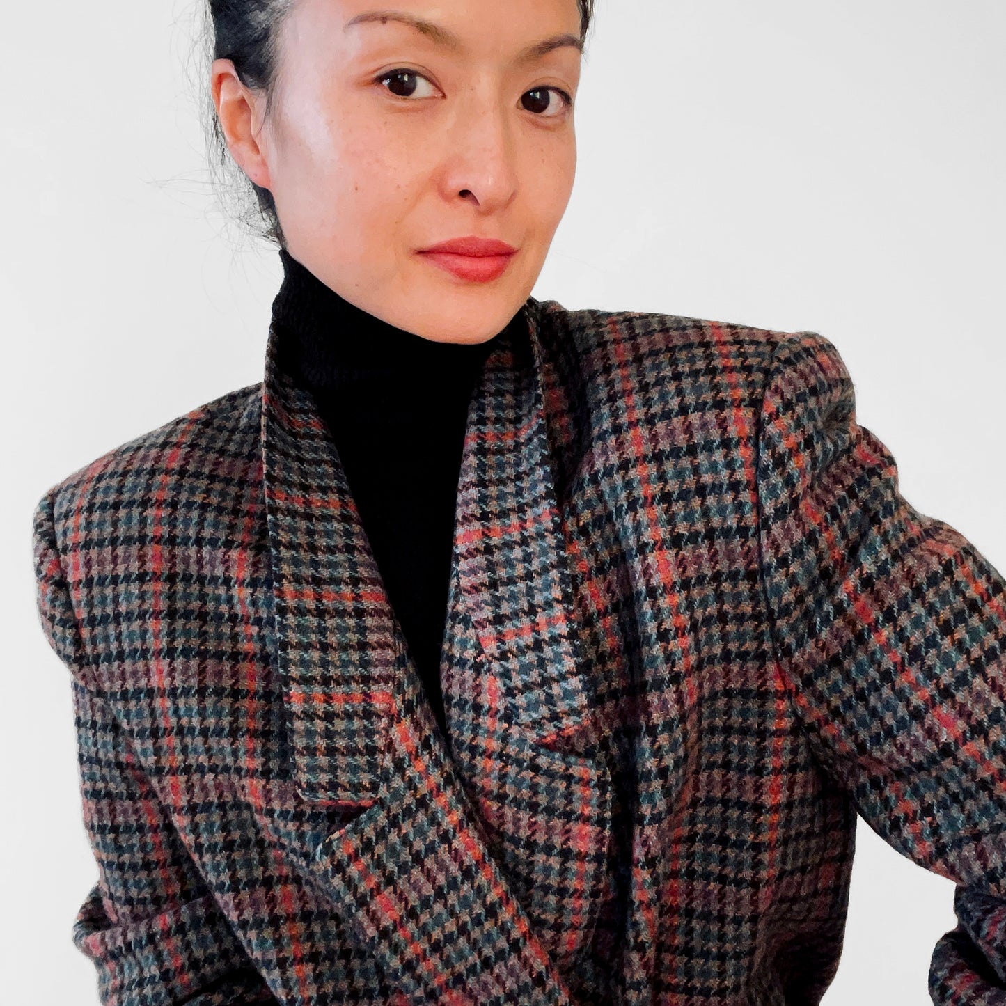 1980s Wool Mixed Tone Houndstooth Plaid Blazer Jacket