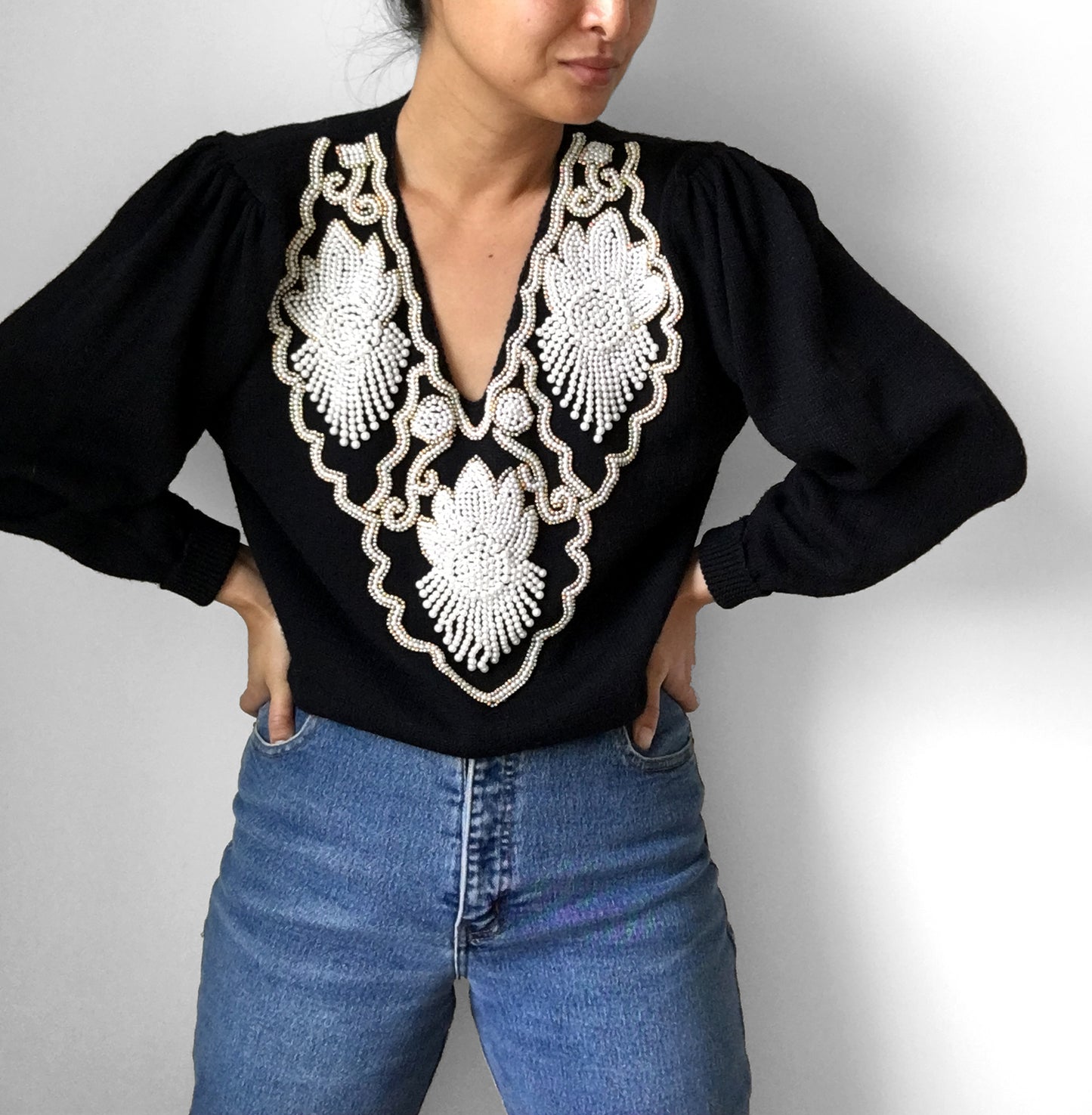 1980's Black Beaded Pleated-Shoulder Knit Top