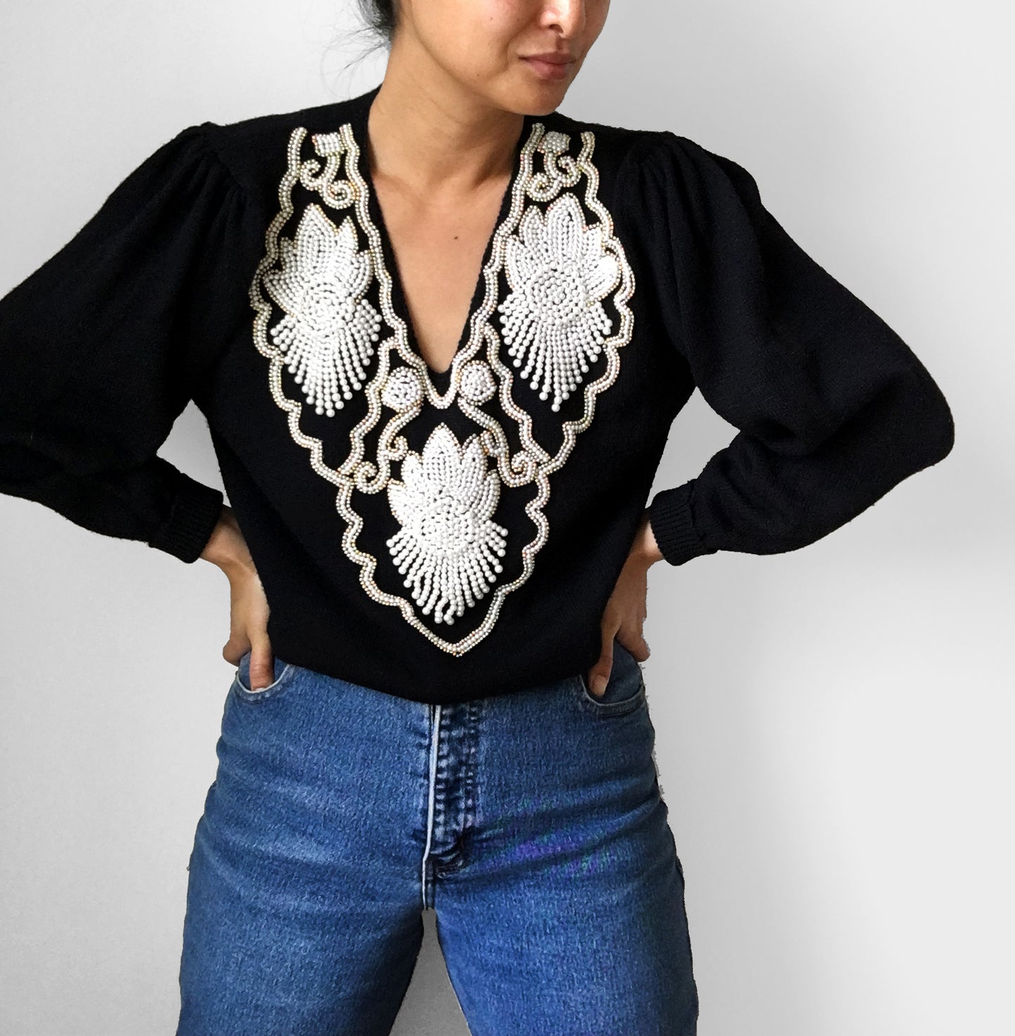 1980s Beaded Collar Pleated-Shoulder Knit Sweater Top