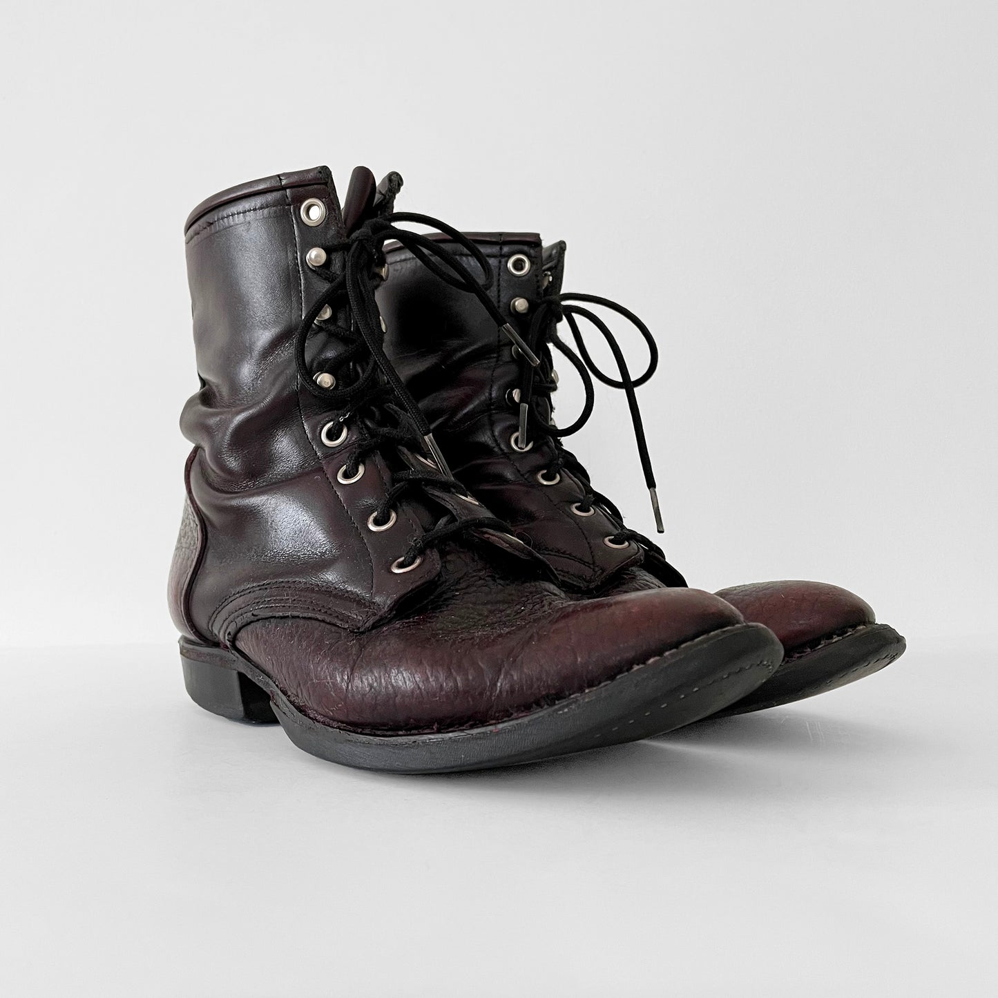 Well-Worn Maroon Leather Lace-Up Combat Riding Boots