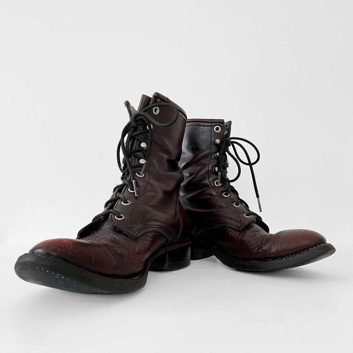 Well-Worn Maroon Leather Lace-Up Combat Riding Boots