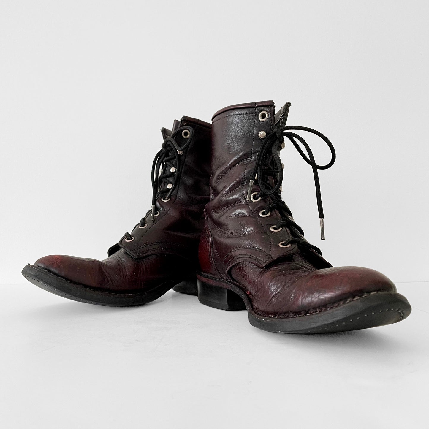 Well-Worn Maroon Leather Lace-Up Combat Riding Boots