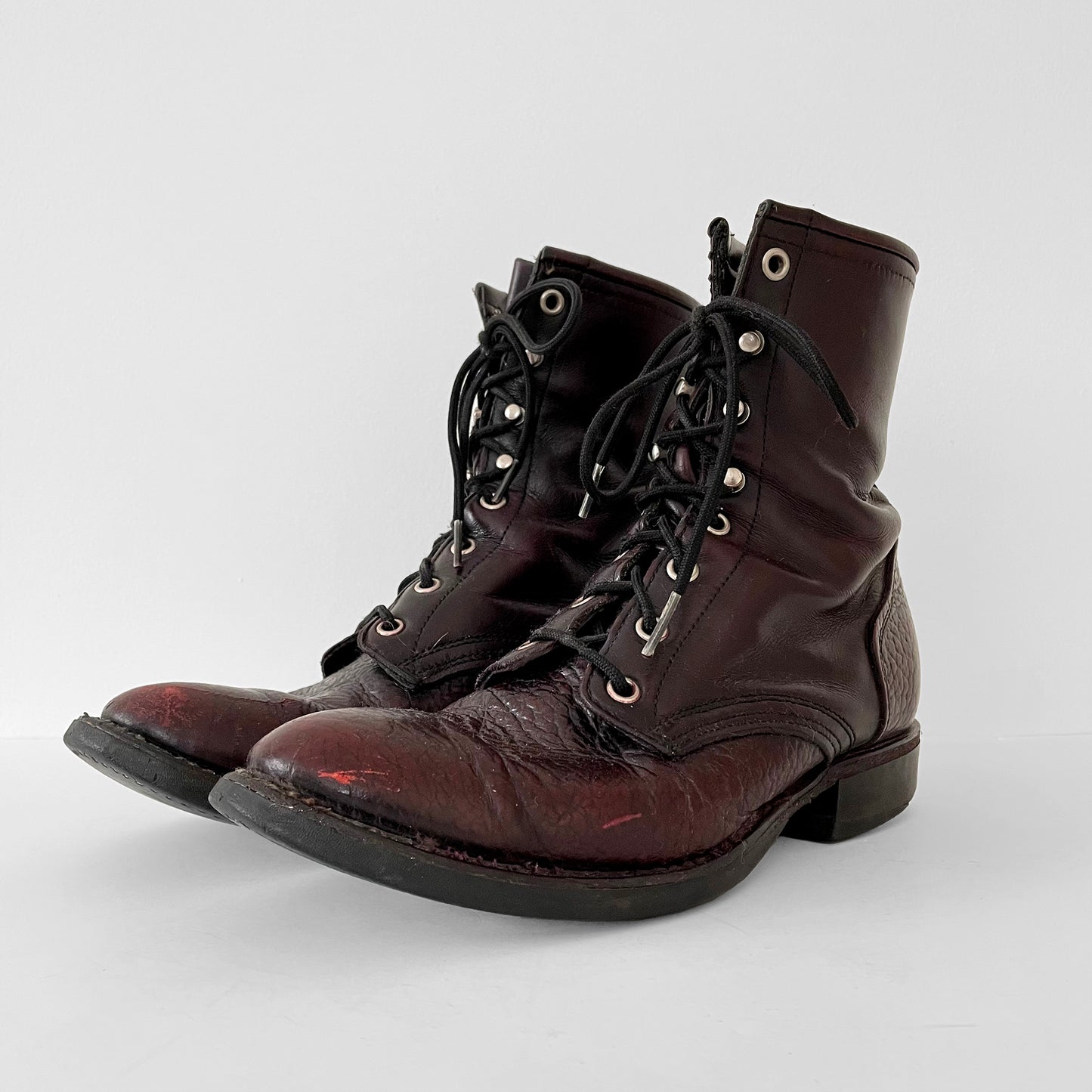 Well-Worn Maroon Leather Lace-Up Combat Riding Boots