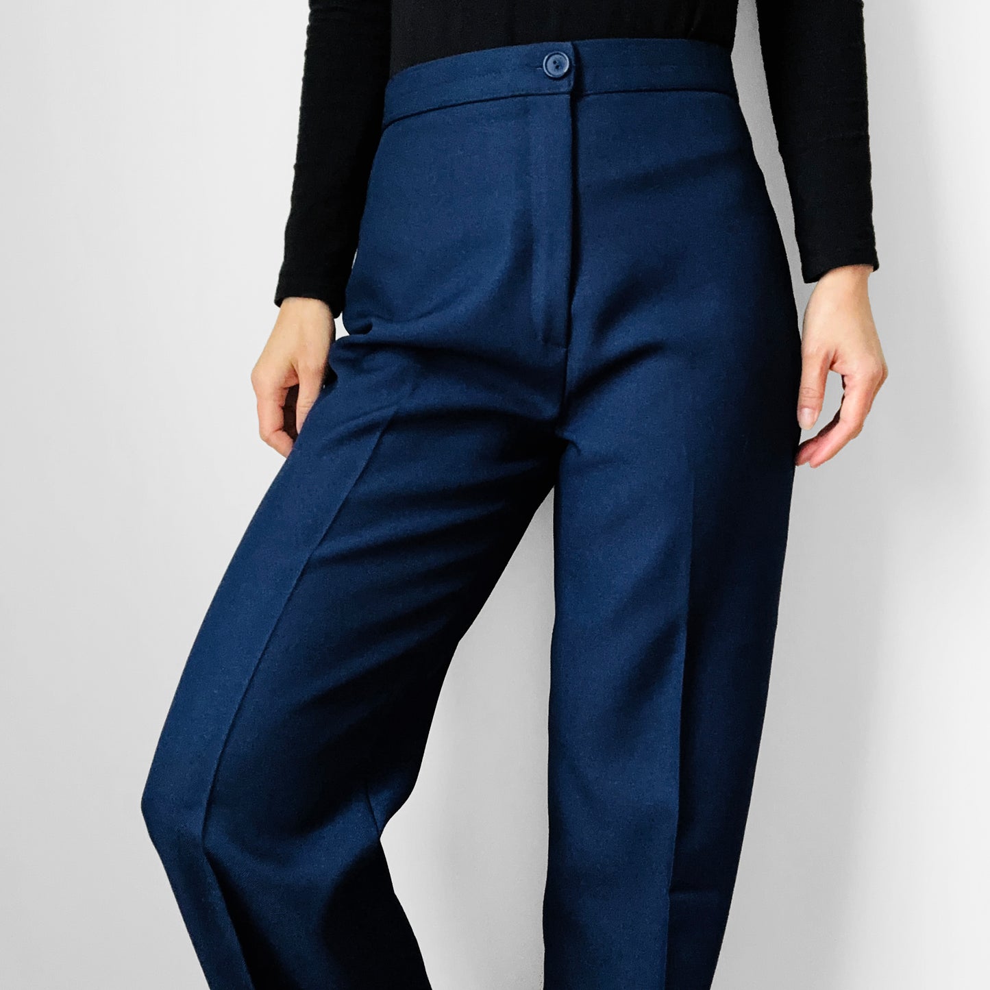 1970s Made in Canada High-Waisted Navy Blue Polyester Fitted Tapered-Leg Pants - Waist 28