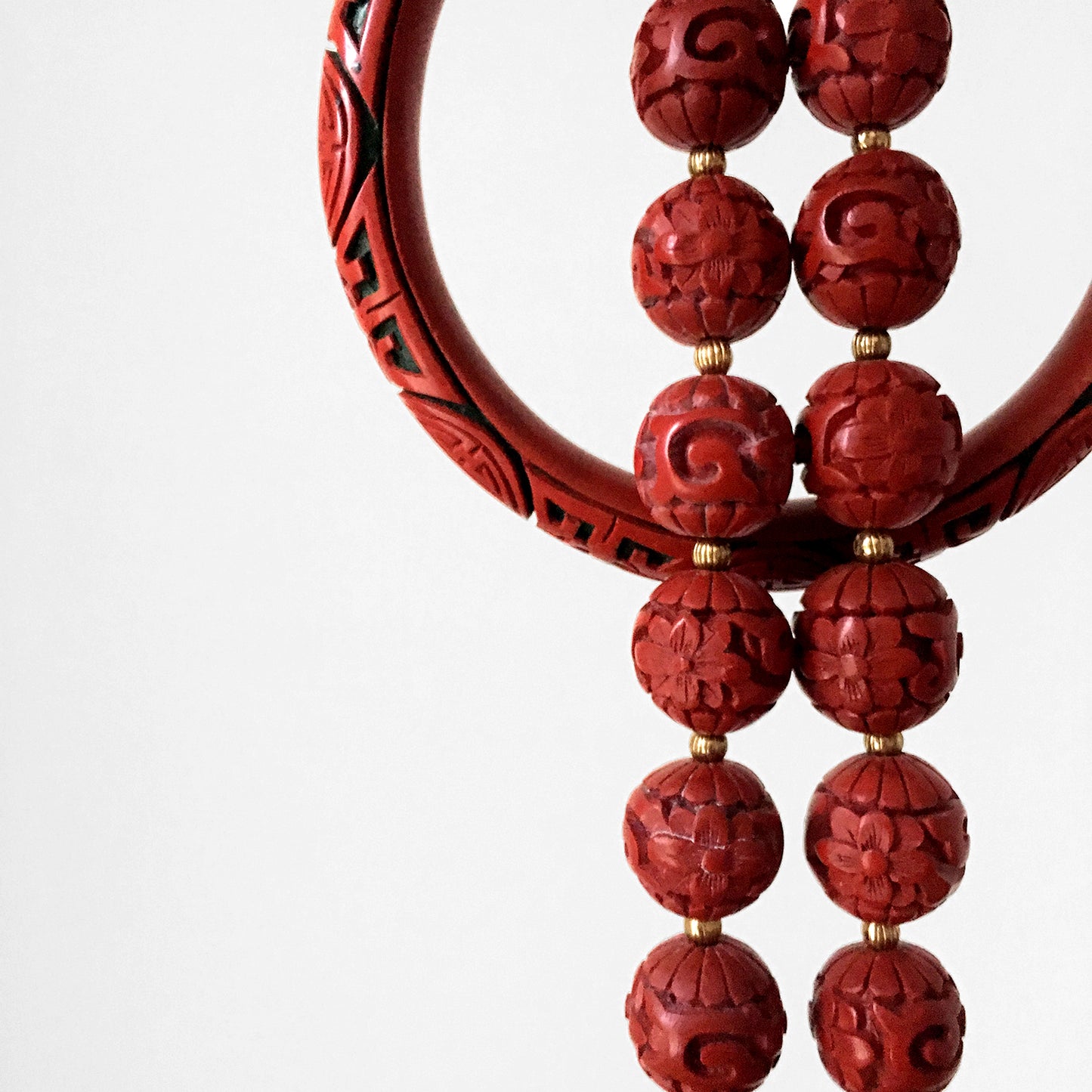 Early 1900s Red Cinnabar Beaded Floral Necklace and Bracelet Set