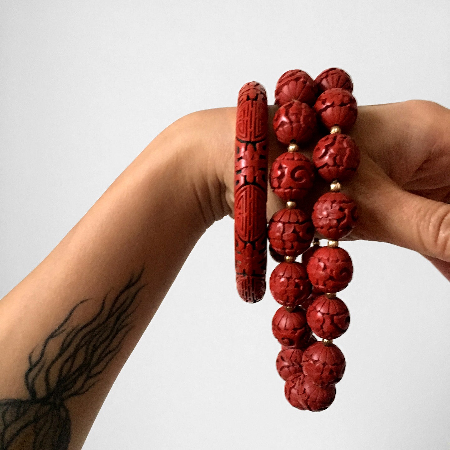 Early 1900s Red Cinnabar Beaded Floral Necklace and Bracelet Set