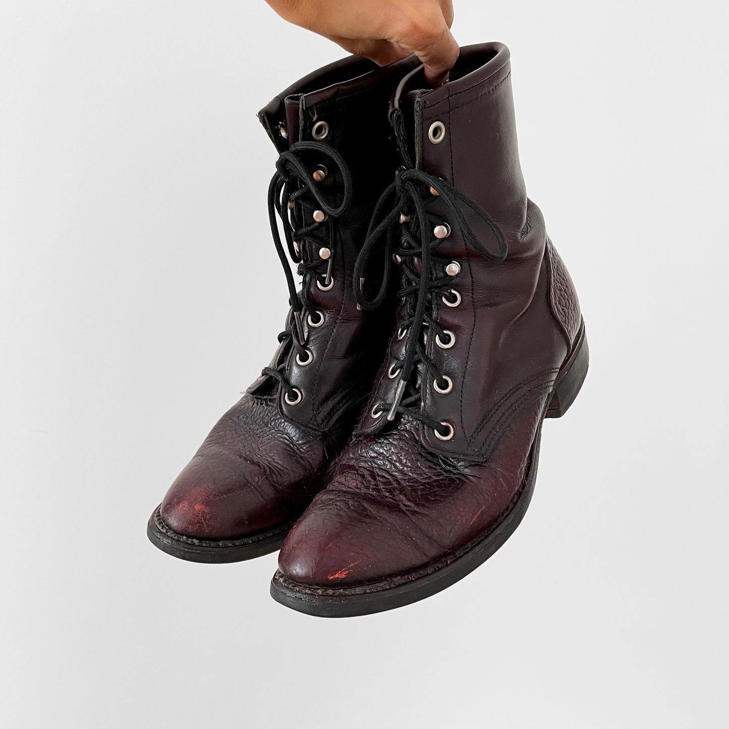 Well-Worn Maroon Leather Lace-Up Combat Riding Boots