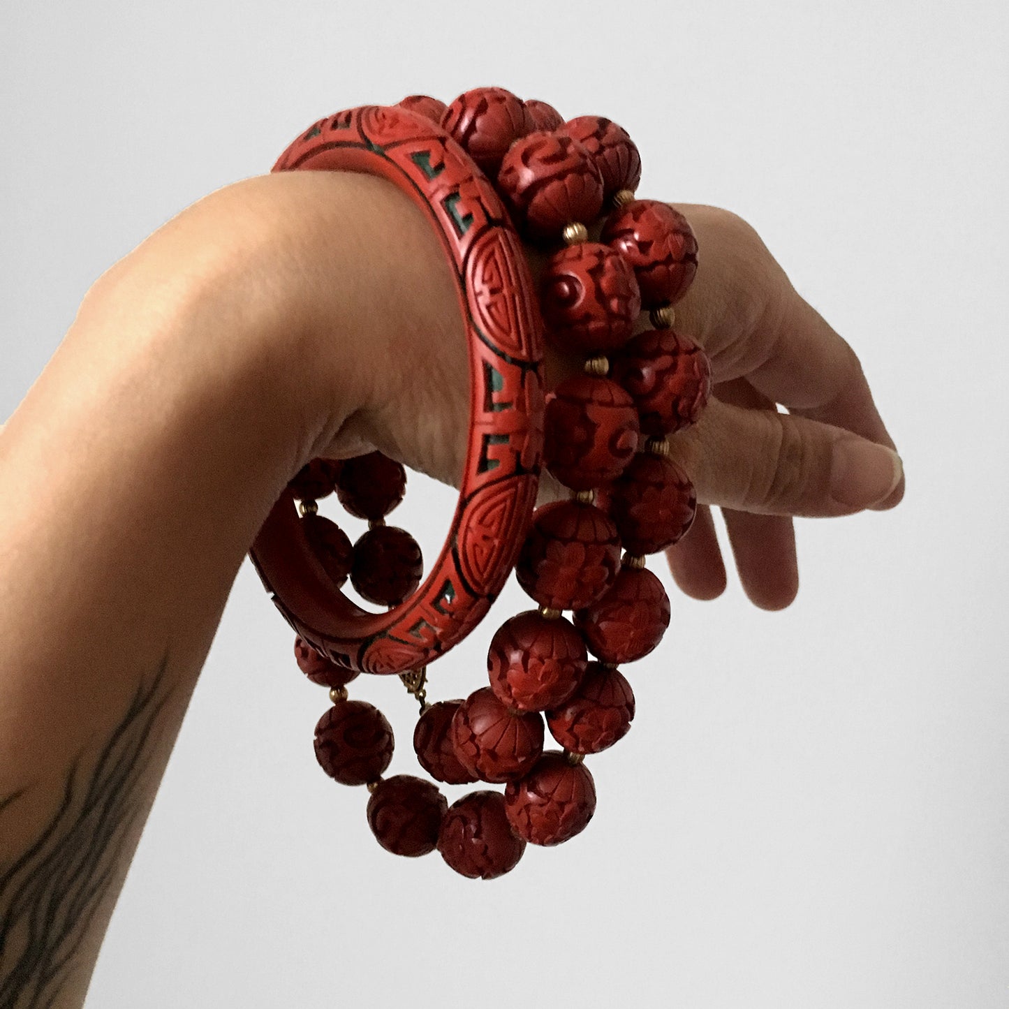 Early 1900s Red Cinnabar Beaded Floral Necklace and Bracelet Set