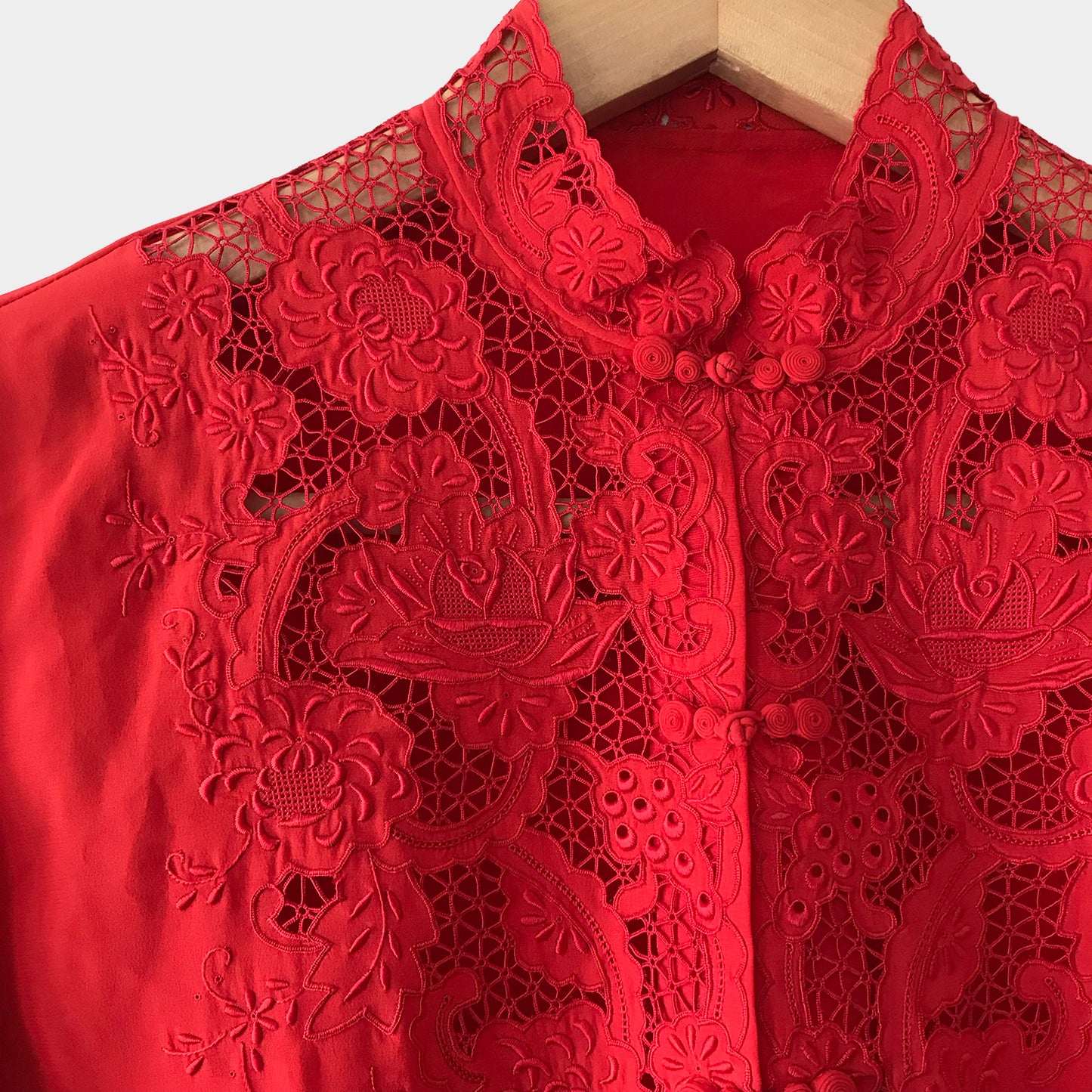 1960s Red Silk Lace Embroidered Button-Front Mandarin Collar Blouse