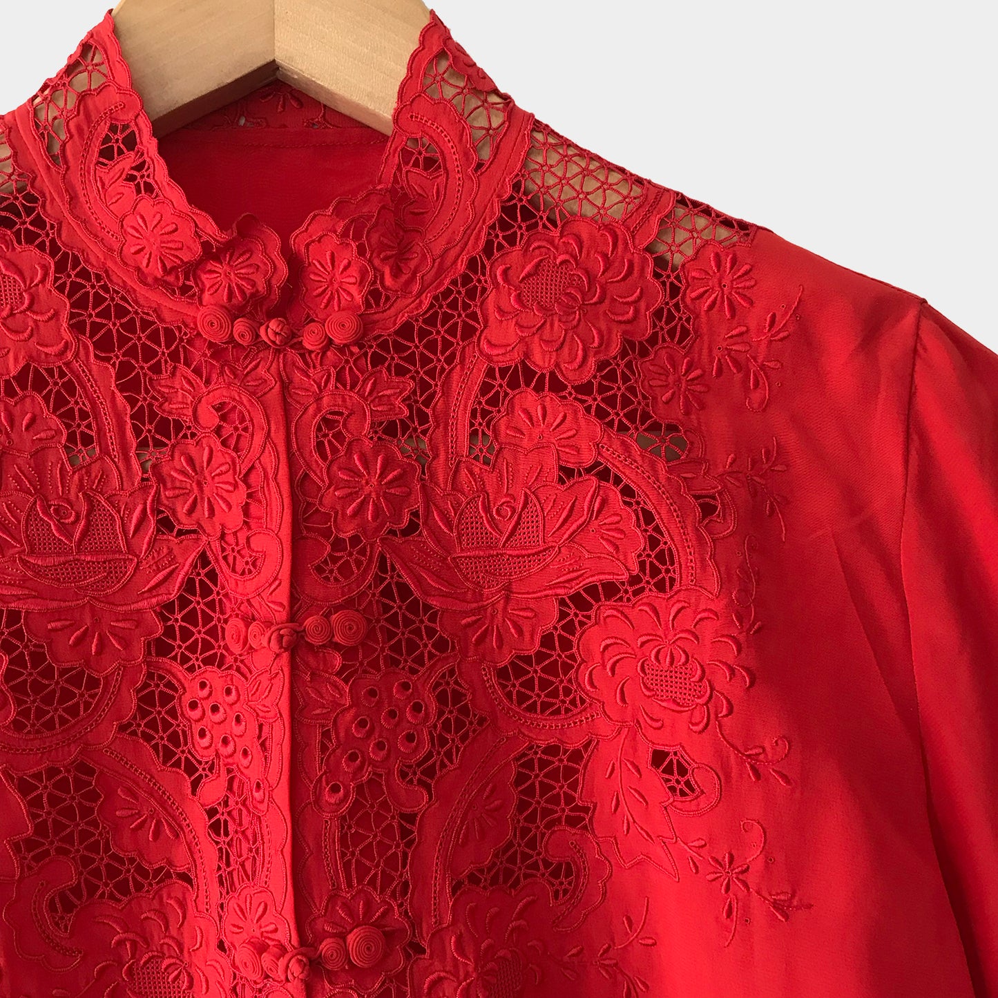 1960s Red Silk Lace Embroidered Button-Front Mandarin Collar Blouse