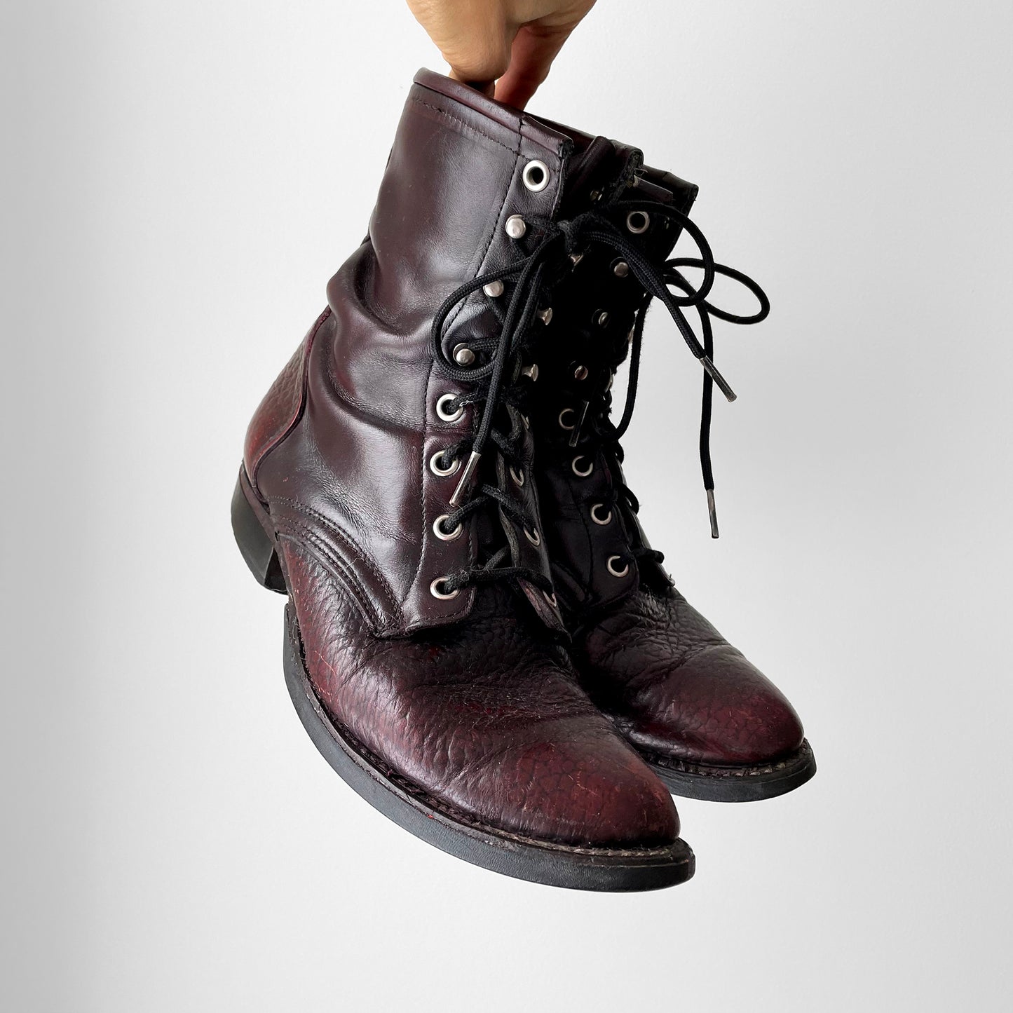 Well-Worn Maroon Leather Lace-Up Combat Riding Boots