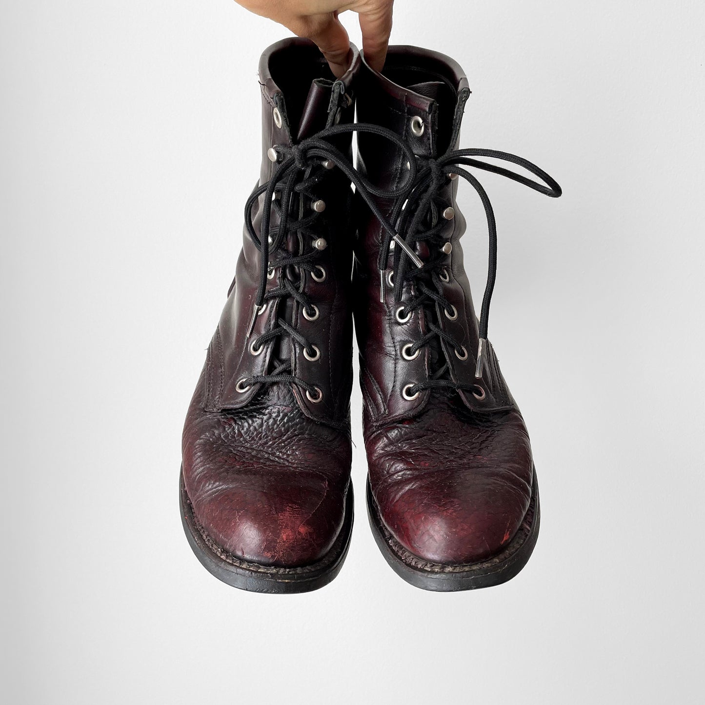 Well-Worn Maroon Leather Lace-Up Combat Riding Boots