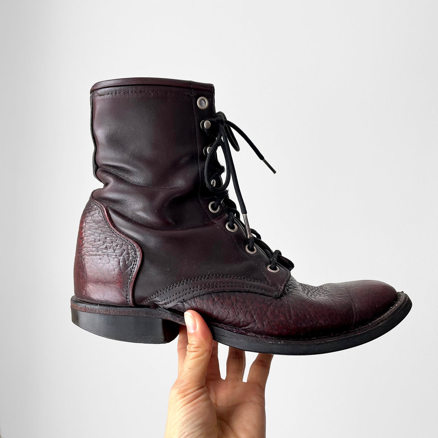 Well-Worn Maroon Leather Lace-Up Combat Riding Boots