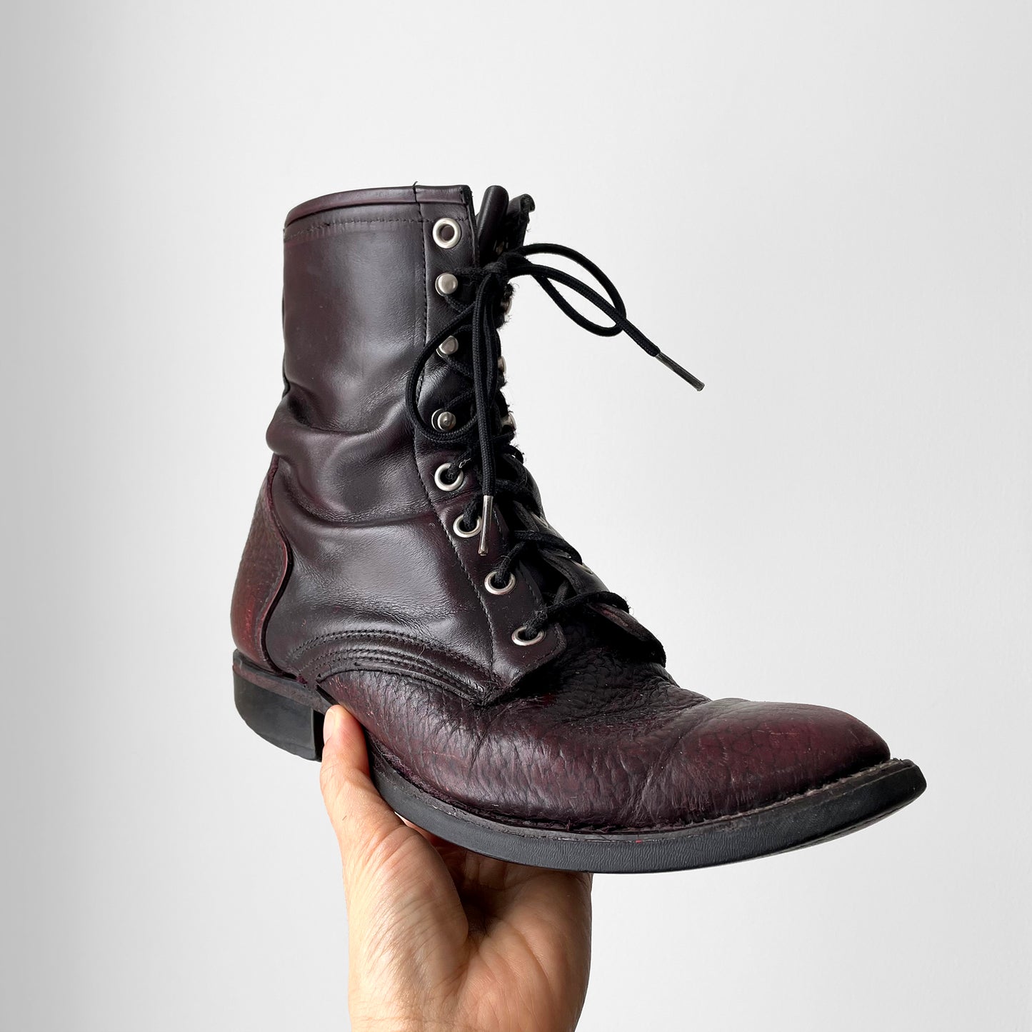 Well-Worn Maroon Leather Lace-Up Combat Riding Boots