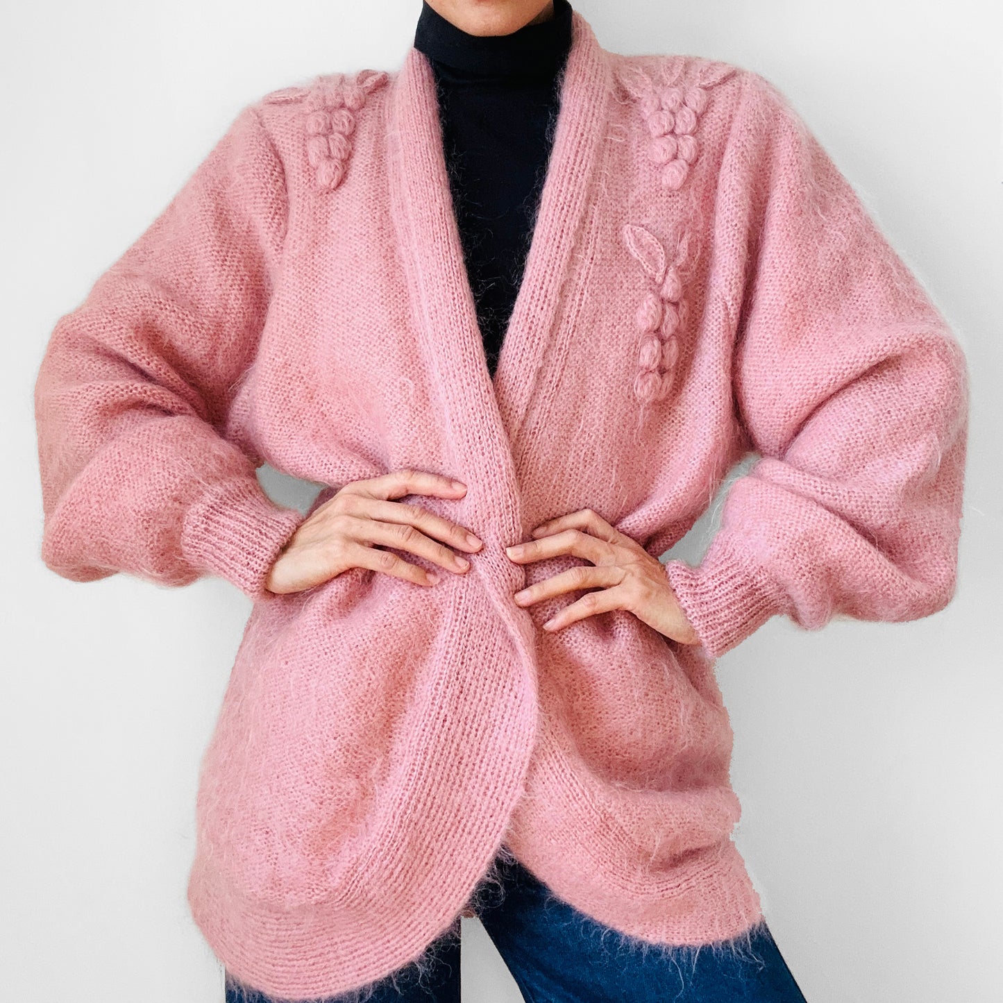 1980s Dusty Rose Pink Embellished Mohair Wool Lined Knit Open Cardigan