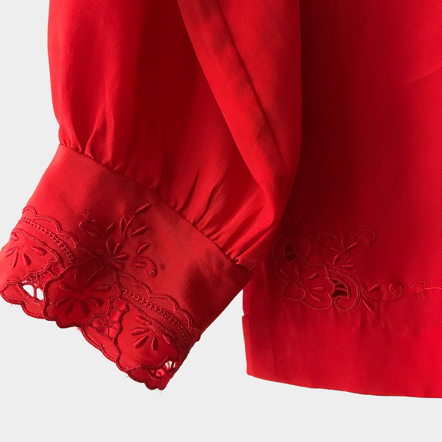 1960s Red Silk Lace Embroidered Button-Front Mandarin Collar Blouse