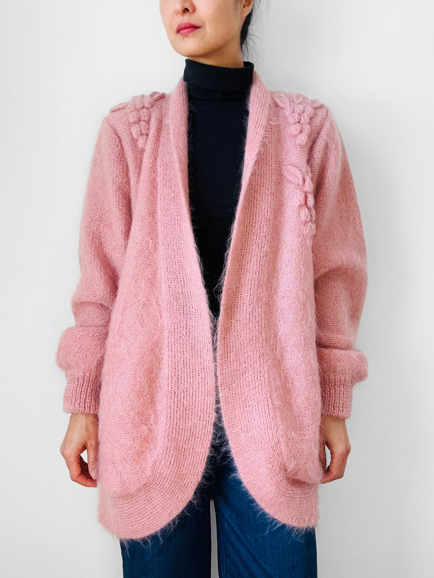 1980s Dusty Rose Pink Embellished Mohair Wool Lined Knit Open Cardigan