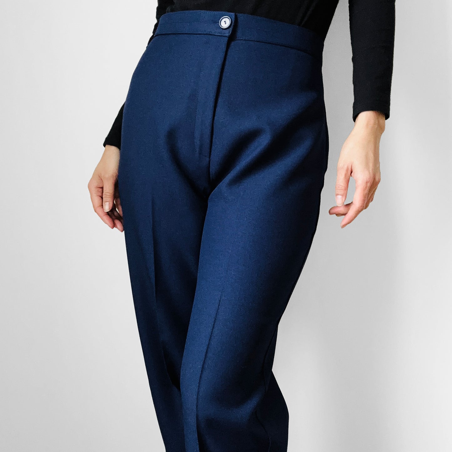 1970s Made in Canada High-Waisted Navy Blue Polyester Fitted Tapered-Leg Pants - Waist 28