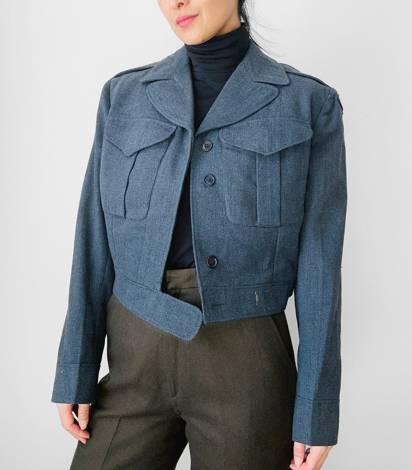 1950s Slate Blue Air Force Crop Wool Military Flight Jacket - S/M