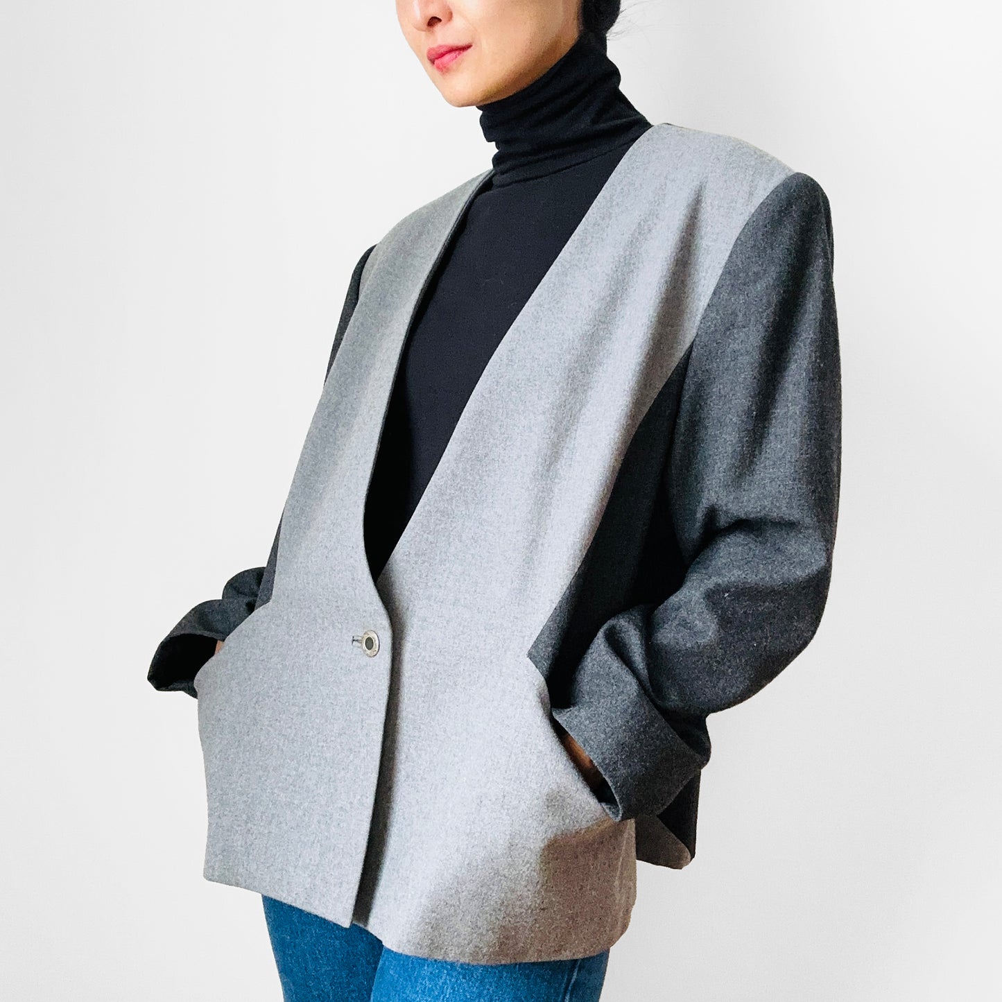 1980s Grey Block Colour Geometric Single Button Collarless A-Line Blazer Jacket - L/XL