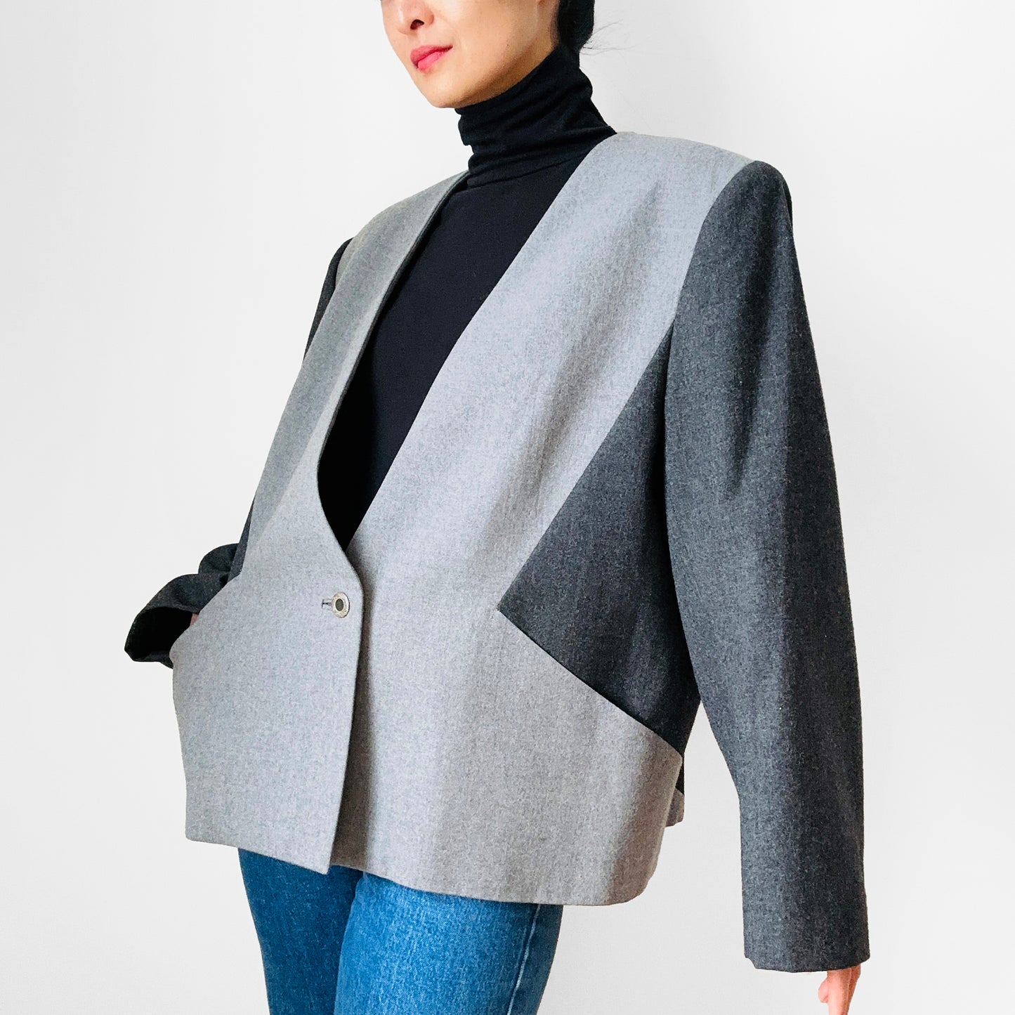 1980s Grey Block Colour Geometric Single Button Collarless A-Line Blazer Jacket - L/XL