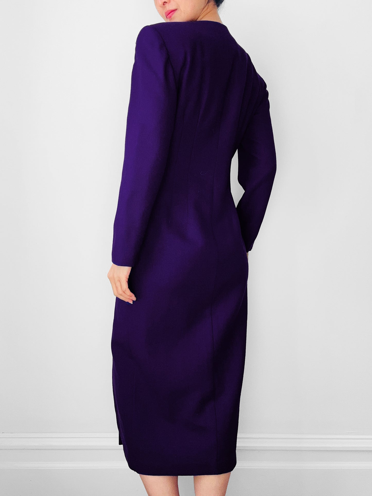 1980s Dark Purple Midi-Length Form Fitting Qipao Button Wool Wrap Dress - XS/S