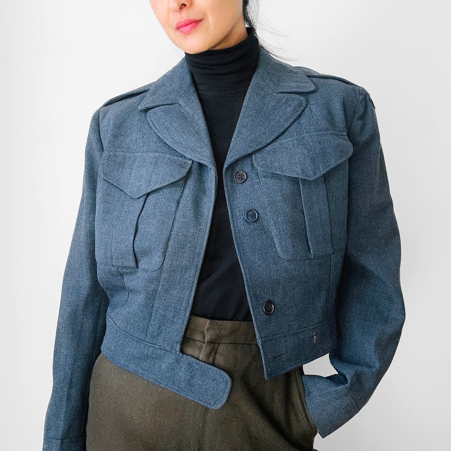 1950s Slate Blue Air Force Crop Wool Military Flight Jacket - S/M