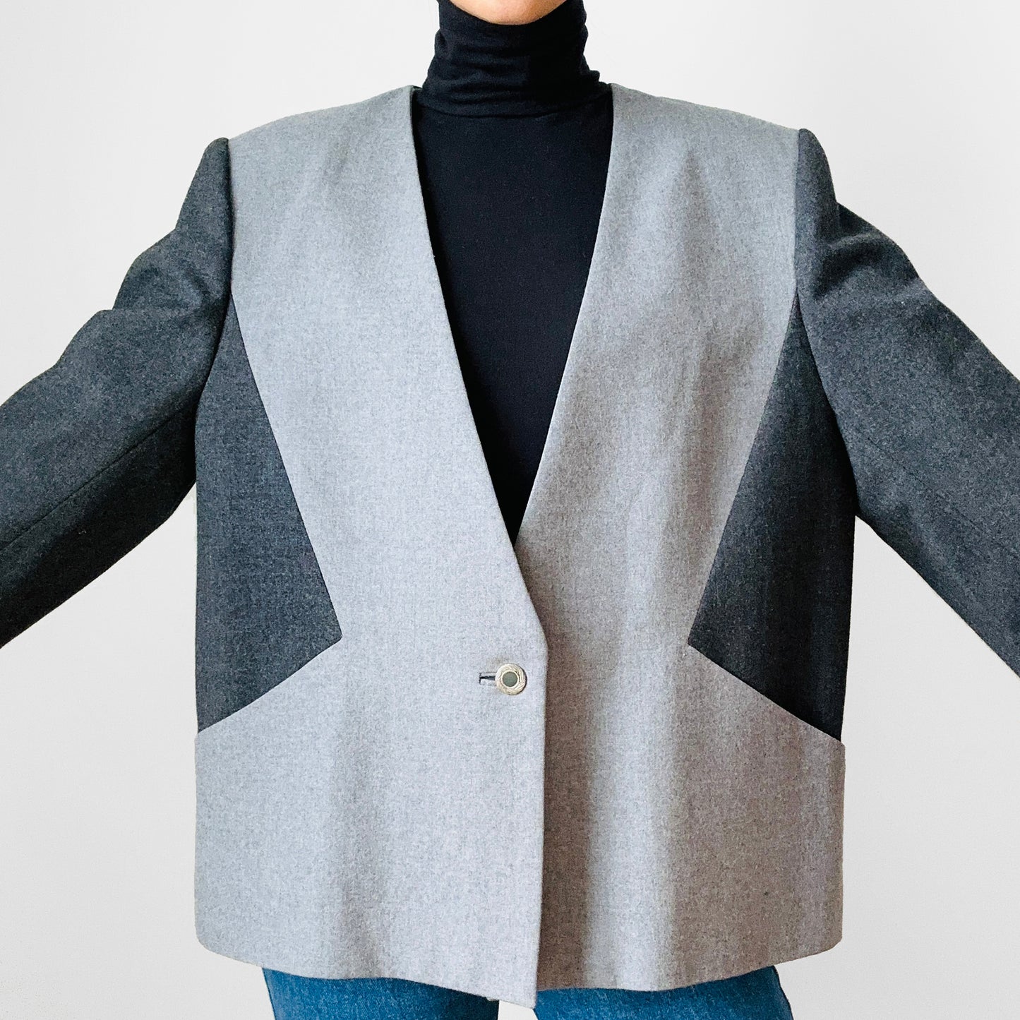 1980s Grey Block Colour Geometric Single Button Collarless A-Line Blazer Jacket - L/XL