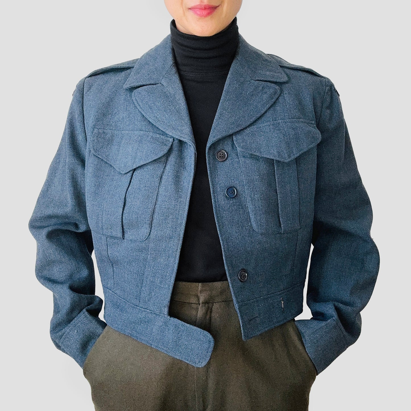 1950s Slate Blue Air Force Crop Wool Military Flight Jacket - S/M