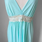 1970s Turquoise and Lace Trim Empire Waist V-Neck Sleeveless Nightgown - Sz. S