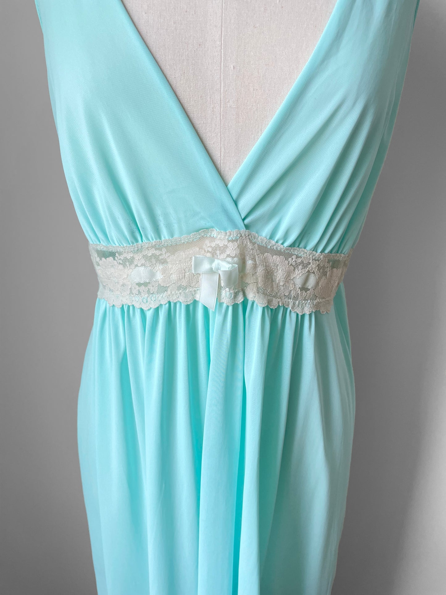 1970s Turquoise and Lace Trim Empire Waist V-Neck Sleeveless Nightgown - Sz. S