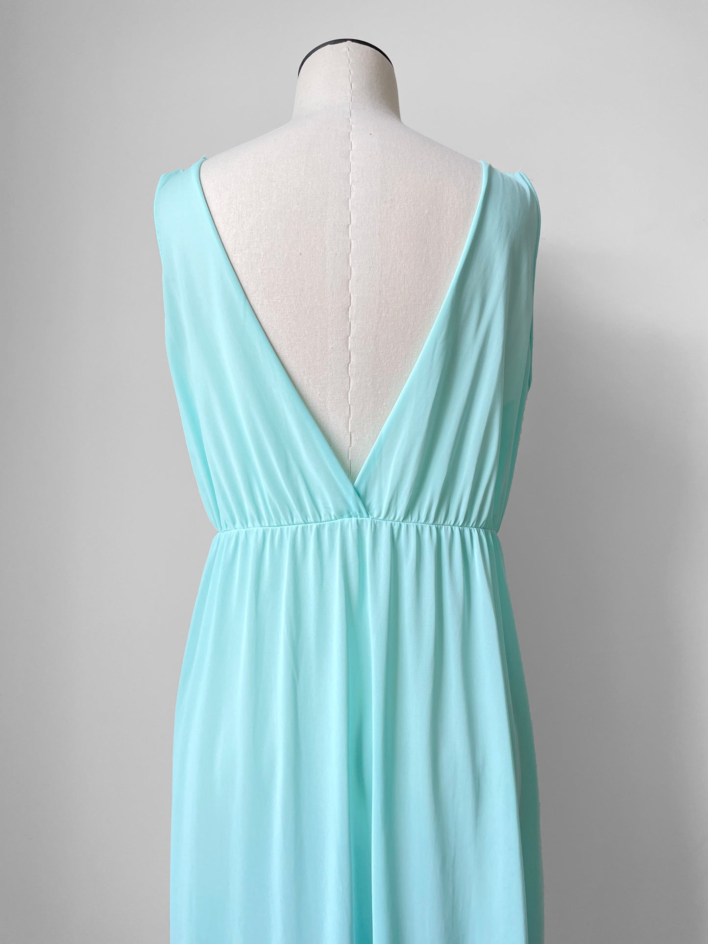 1970s Turquoise and Lace Trim Empire Waist V-Neck Sleeveless Nightgown - Sz. S