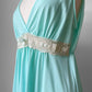 1970s Turquoise and Lace Trim Empire Waist V-Neck Sleeveless Nightgown - Sz. S