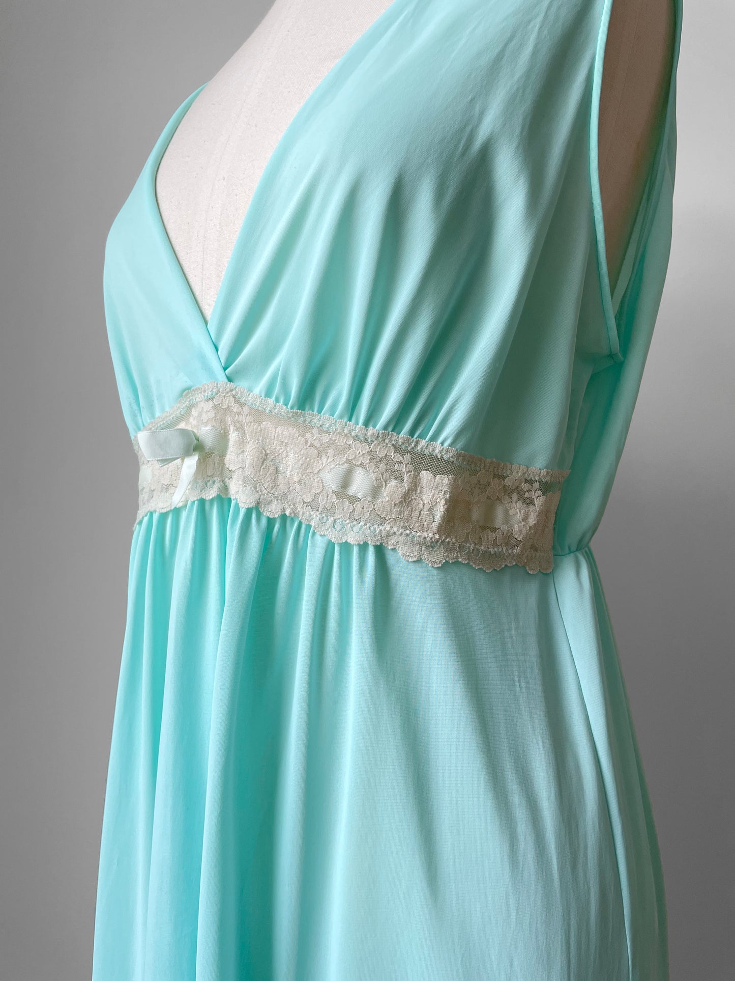 1970s Turquoise and Lace Trim Empire Waist V-Neck Sleeveless Nightgown - Sz. S