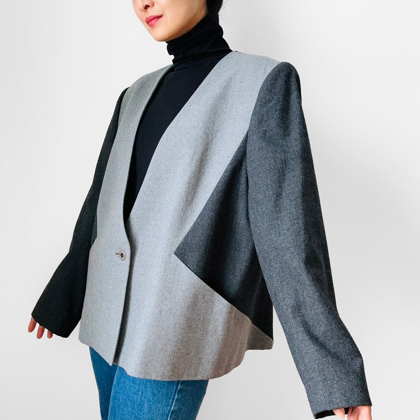 1980s Grey Block Colour Geometric Single Button Collarless A-Line Blazer Jacket - L/XL