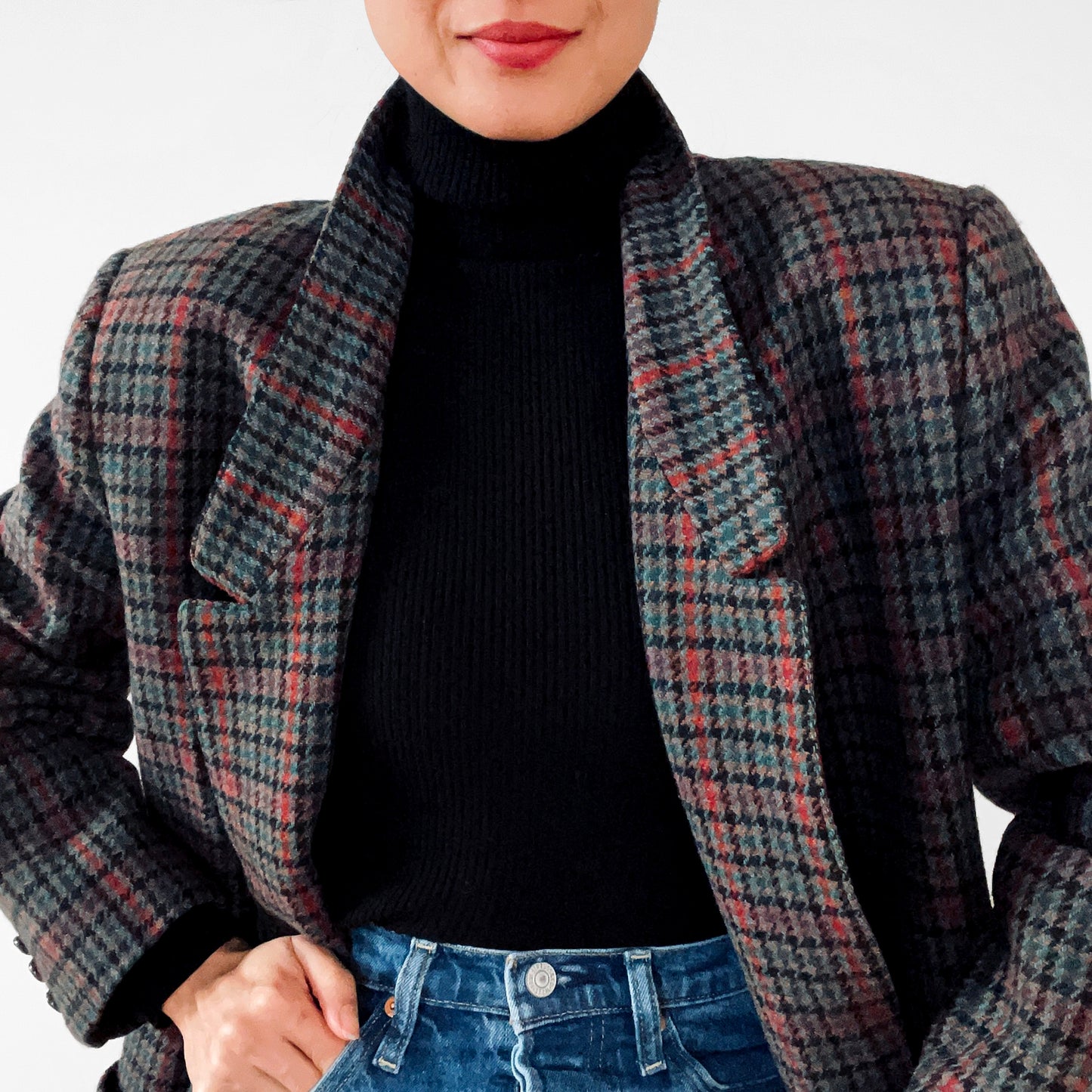 1980s Wool Mixed Tone Houndstooth Plaid Blazer Jacket