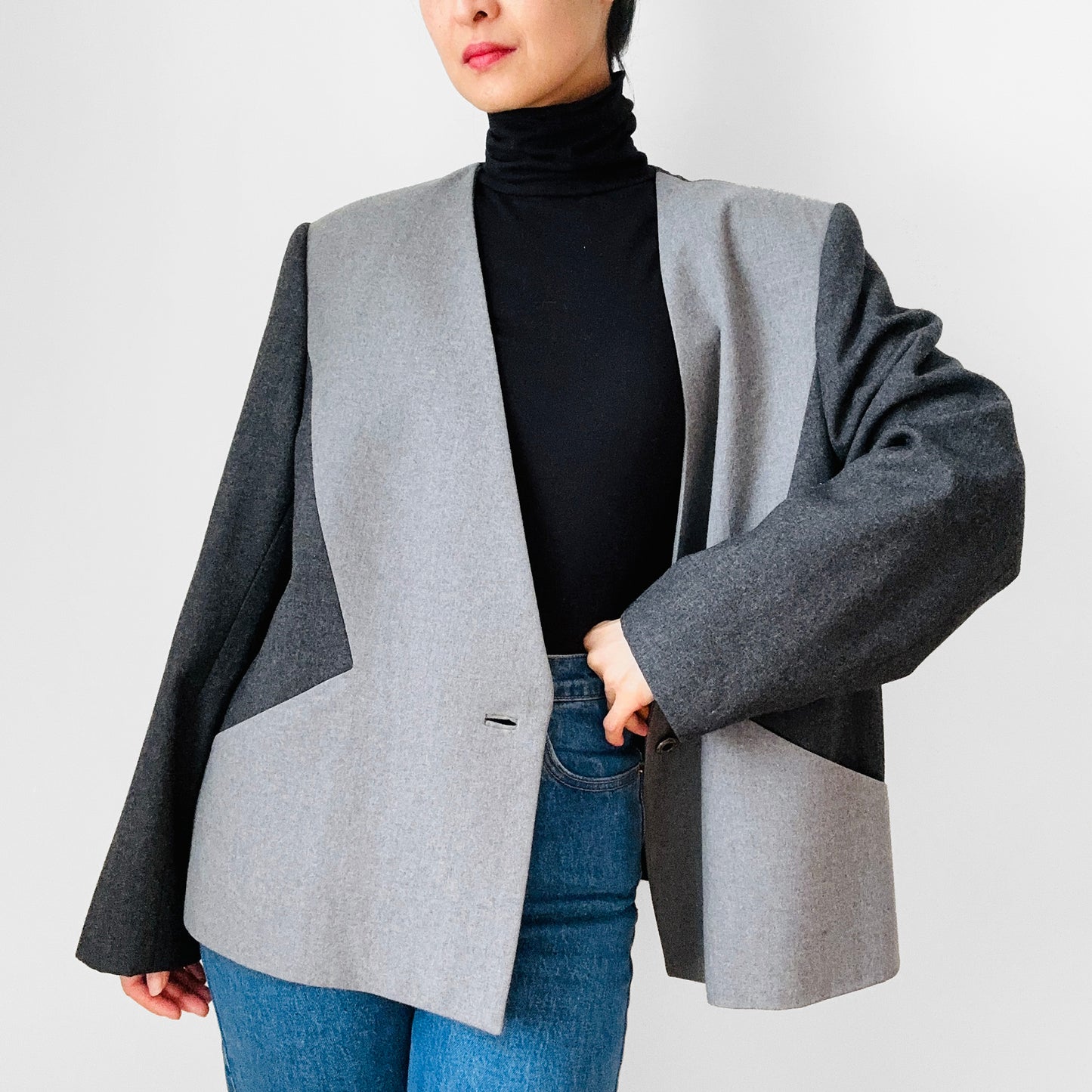 1980s Grey Block Colour Geometric Single Button Collarless A-Line Blazer Jacket - L/XL