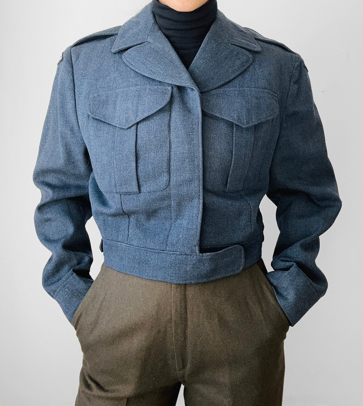 1950s Slate Blue Air Force Crop Wool Military Flight Jacket - S/M